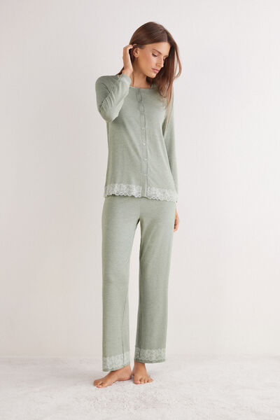 Intimissimi Pijama Largo con Abertura Delantera de Modal con Encaje Mujer Verde Tamaño L