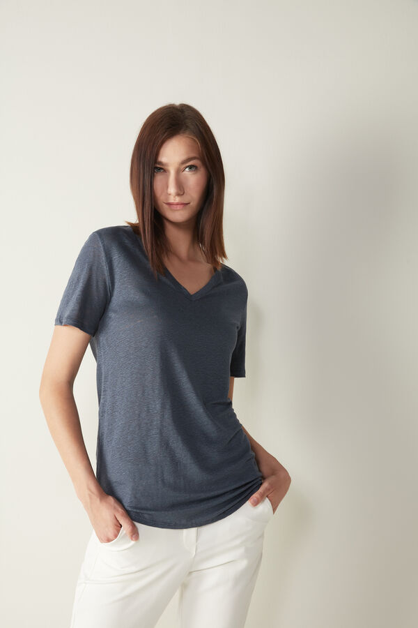 Short-Sleeved V-Neck Linen Top