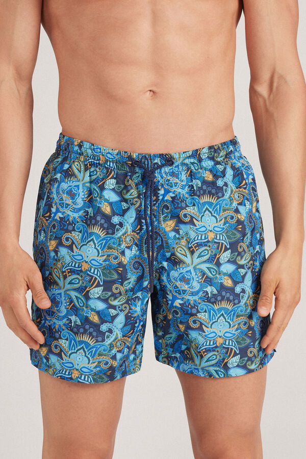 Badeshorts mit azurblauem und goldfarbenem Paisley-Print