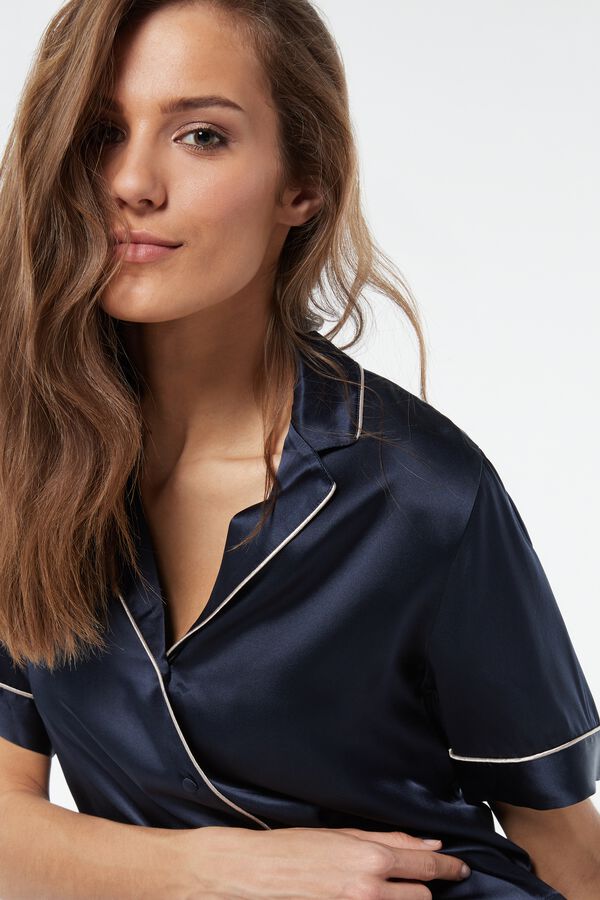 Short-Sleeved Silk Satin Top with Front Opening