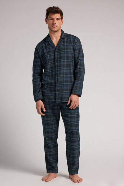 Full-Length Blue Checked Brushed Plain-Weave Cotton Pyjamas