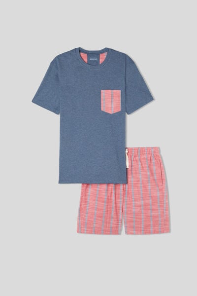 Krátké Pyžamo s Kalhotami z Červeného Pruhovaného Plátna