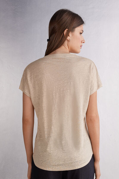 Playera de Cuello en V y Manga Corta en Lino