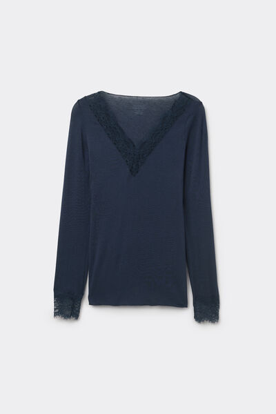 Camiseta con encaje de manga larga en modal y cashmere ultraligero