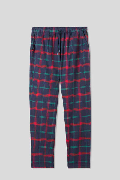 Full-Length Red/Green Check Brushed Plain-Weave Trousers