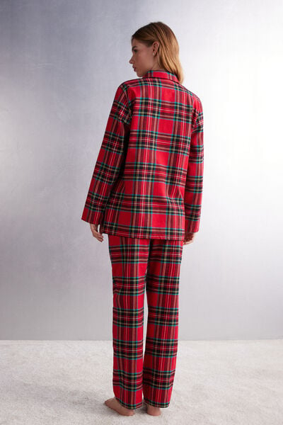 Langer Pyjama aus angerautem Stoff rote Schottenkaros