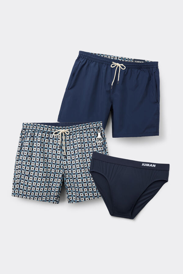 Reversible Swim Trunks with Multi-Coloured Blue Print