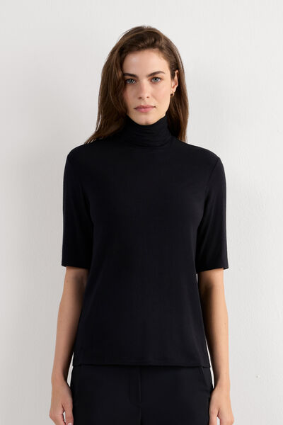 Modal and Cashmere Light Blend Short Sleeved High Collar Top