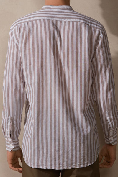 Beige Striped Linen and Cotton Mandarin-Collar Shirt