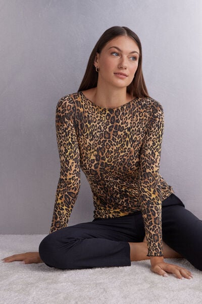 Long-sleeved Boat-neck Print Top in Ultralight Cashmere
