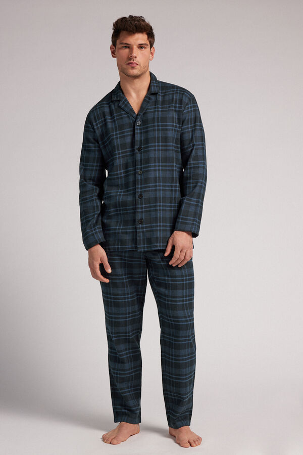 Set de pyjama long en toile brossée à carreaux bleus