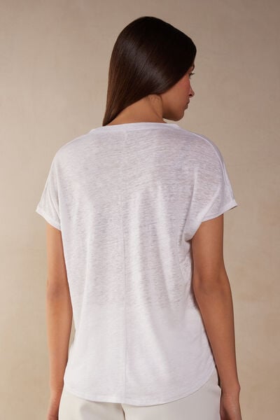Short-sleeved Linen Top with V Neck