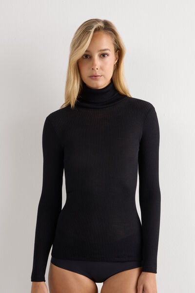 Long-sleeve High-Neck Tubular Top in Wool and Silk