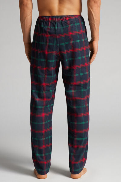 Full-Length Red/Green Check Brushed Plain-Weave Trousers