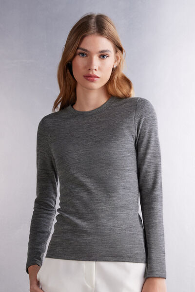 Long-Sleeved Round-Neck Wool & Cotton Top