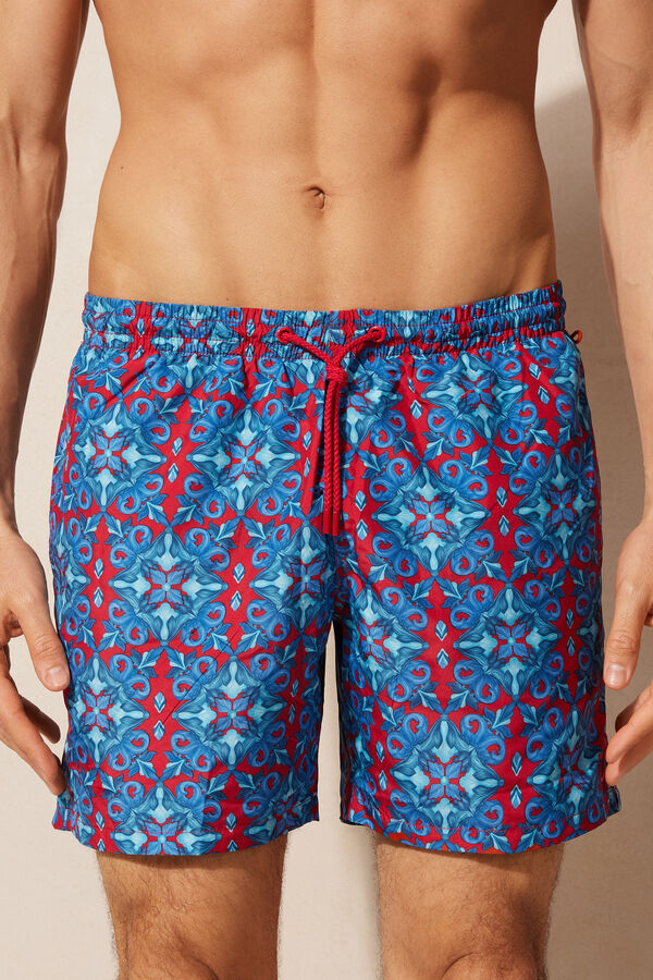 Red Moroccan-Print Swim Shorts