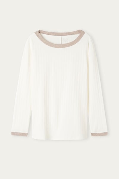 Long-Sleeved Boat Neck Cotton Ribs Top