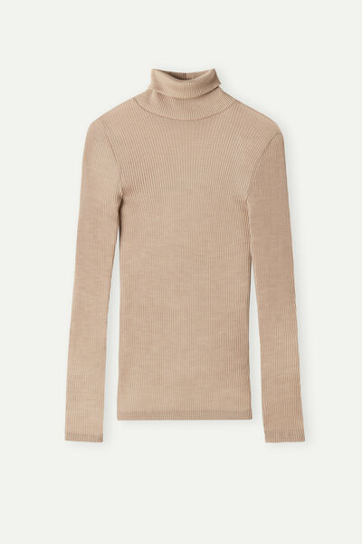 Long-sleeve High-Neck Tubular Top in Wool and Silk