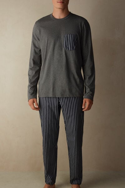 Long Pajamas in Jersey and Striped Canvas
