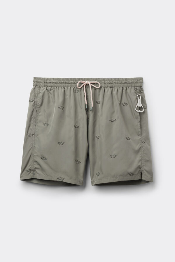 Shark-Embroidered Swim Trunks
