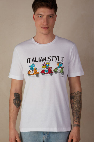 Βαμβακερό T-shirt με Print Στρουμφάκια Italian Style