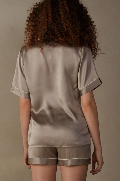 Short-Sleeved Satin Shirt with Contrasting Trim