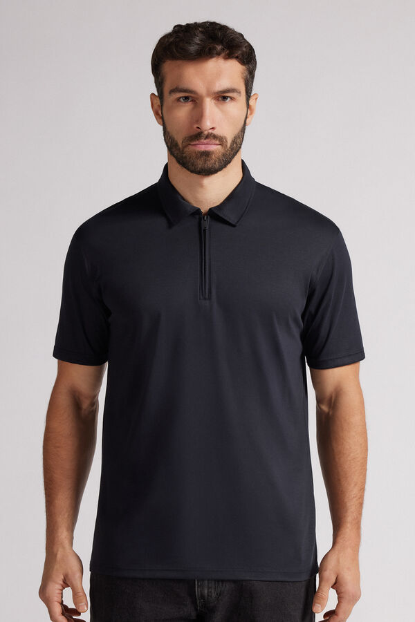 Kurzärmeliges Poloshirt mit Reißverschluss aus merzerisierter Premium-Baumwolle