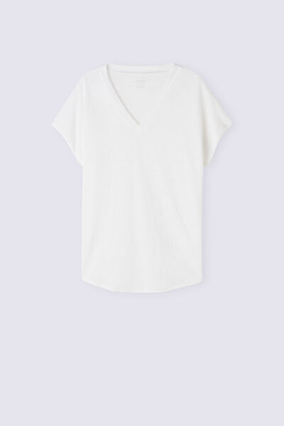 Short-Sleeved Linen Top with V Neck