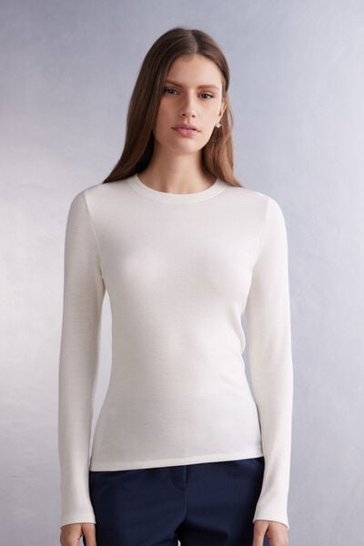 Long-Sleeved Round-Neck Wool & Cotton Top