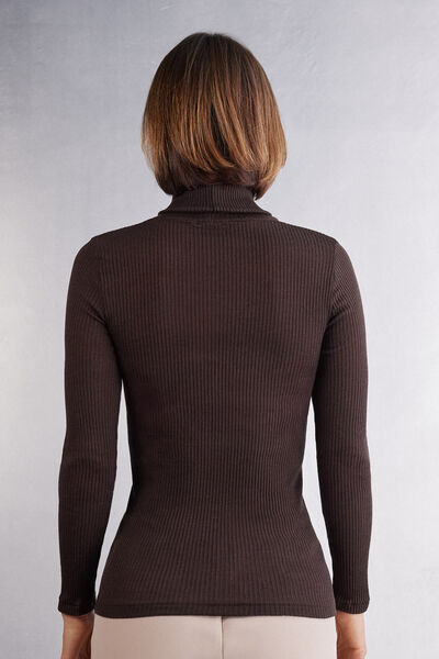 Long-sleeve High-Neck Tubular Top in Wool and Silk