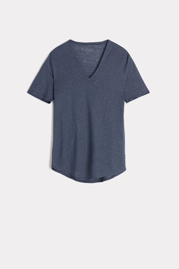 Short-Sleeved V-Neck Linen Top
