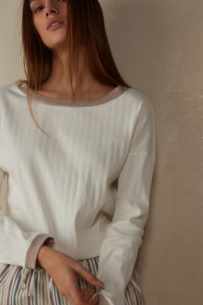Long-Sleeved Boat Neck Cotton Ribs Top