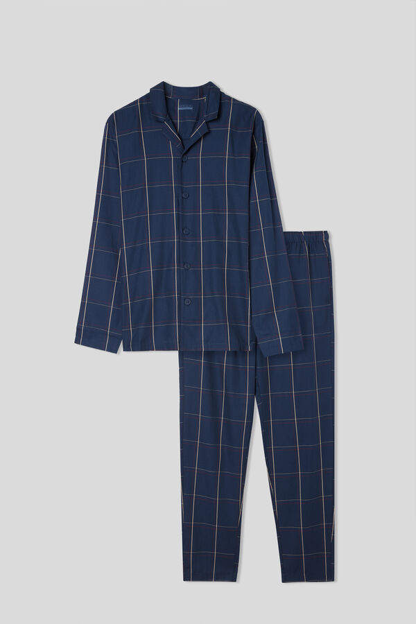 Full-Length Check Pattern Open Pyjamas in Plain-weave Cotton