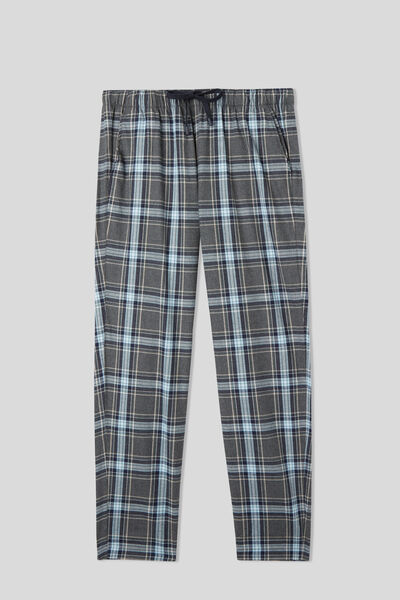 Full-Length Grey/Blue Check Pattern Brushed Plain-Weave Pants