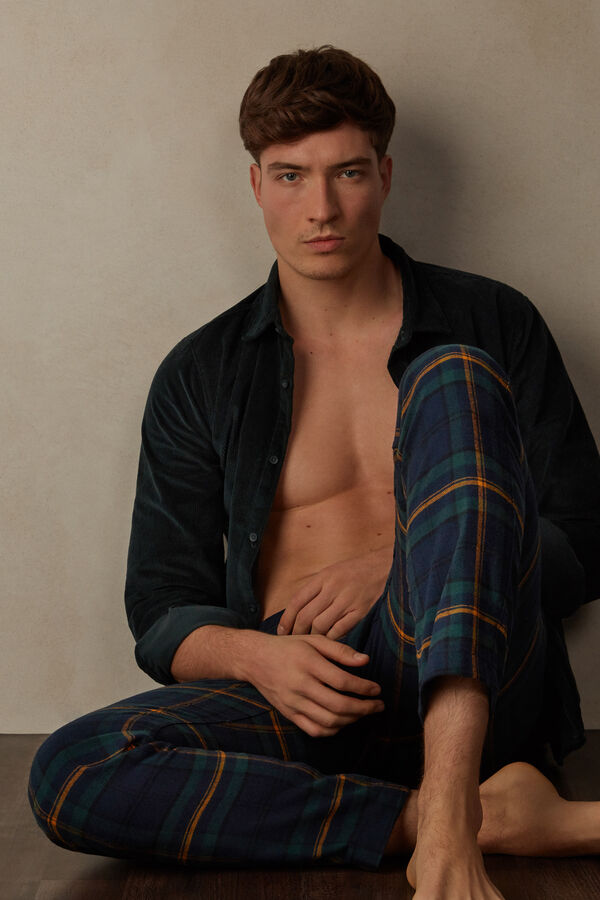 Bas de pyjama en toile brossée à motif tartan verts et bleus