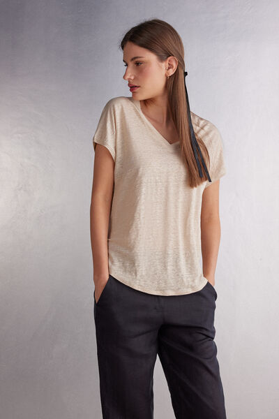 Playera de Cuello en V y Manga Corta en Lino