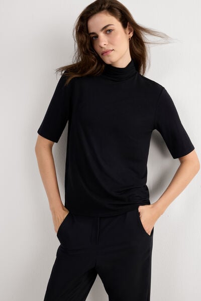 Modal and Cashmere Light Blend Short Sleeved High Collar Top