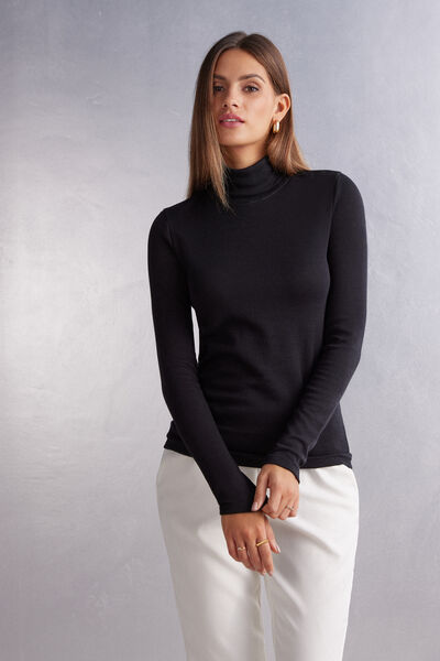 Wool & Cotton Long Sleeve High Collar Top