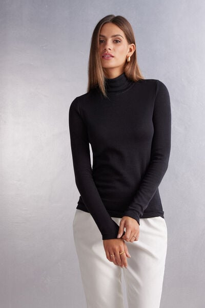 Long-Sleeved Turtleneck Wool & Cotton Top