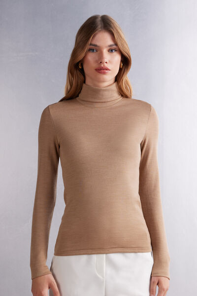 Long-Sleeved Turtleneck Wool & Cotton Top