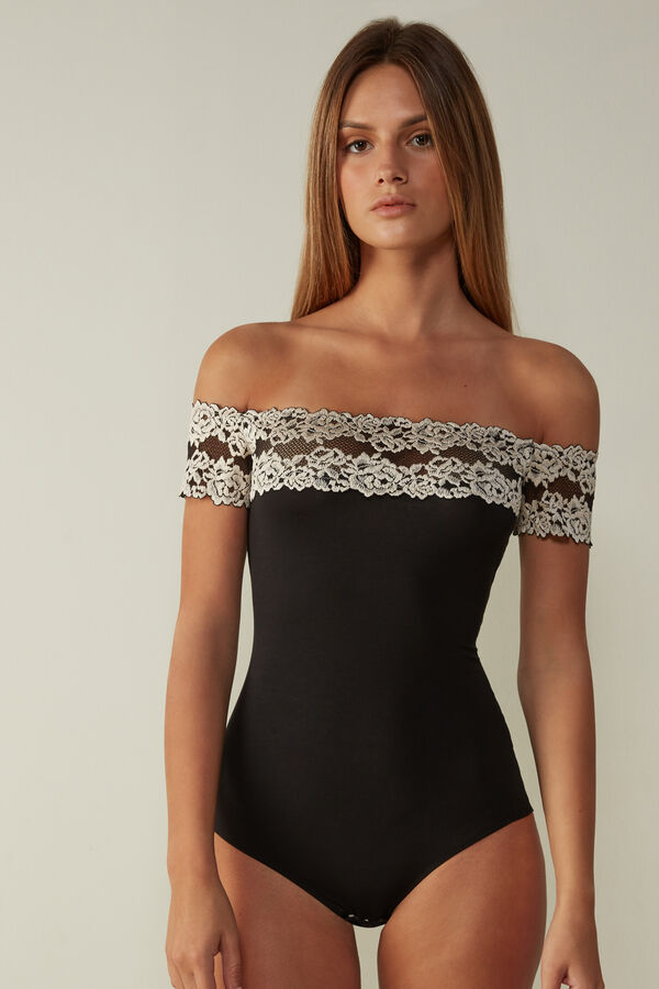 Pretty Flowers Modal-and-Lace Mid-Sleeve Bodysuit