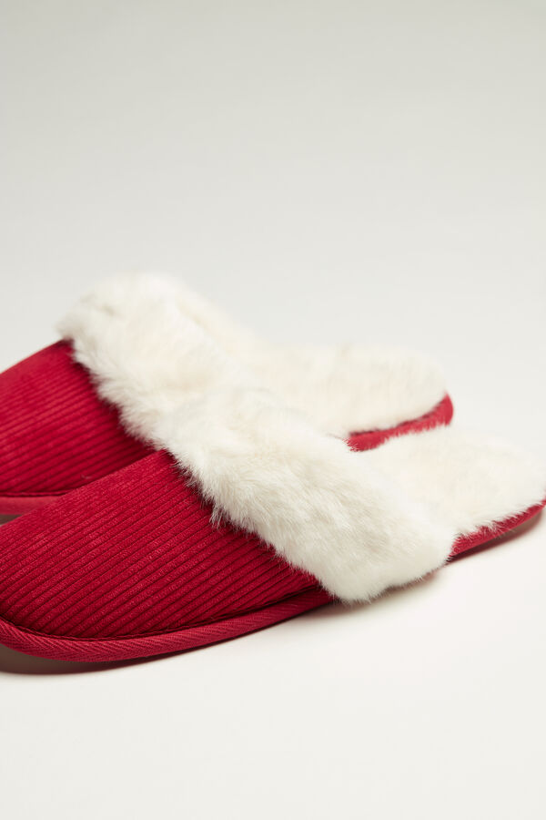 Ribbed Velvet Slippers with Eco-fur