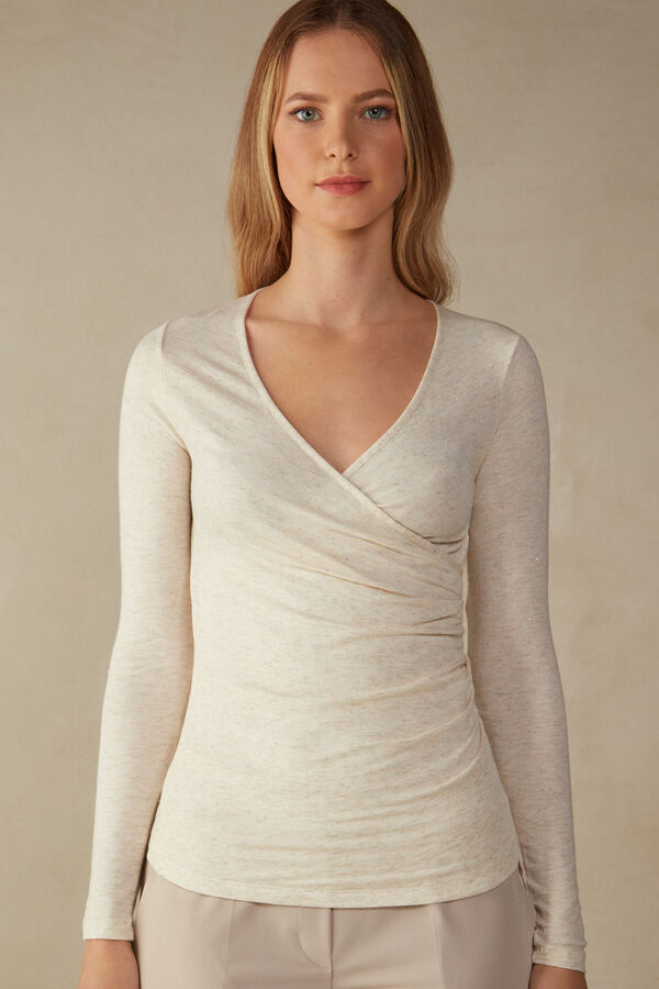Light Modal with Lamé Cashmere Gathered Crossover Long-Sleeved Top
