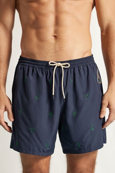 Swim Trunks with Embroidered Cacti