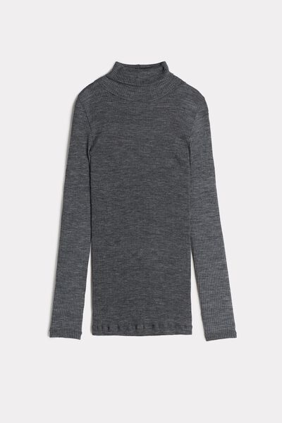 Long-sleeve High-Neck Tubular Top in Wool and Silk