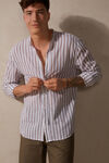 Beige Striped Linen and Cotton Mandarin-Collar Shirt