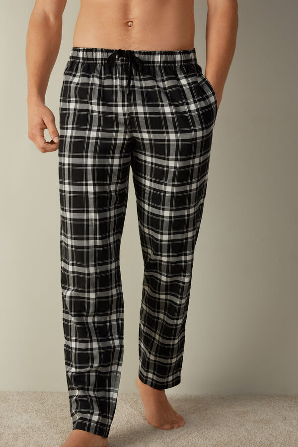 Cotton Canvas Trousers with Black and White Check Pattern