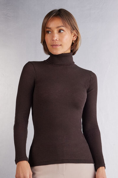 Long-sleeve High-Neck Tubular Top in Wool and Silk