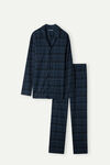 Pijama Lungă din Pânză Periată Fantezie Carouri Albastru