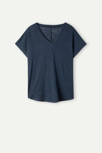 Short-sleeved Linen Top with V Neck